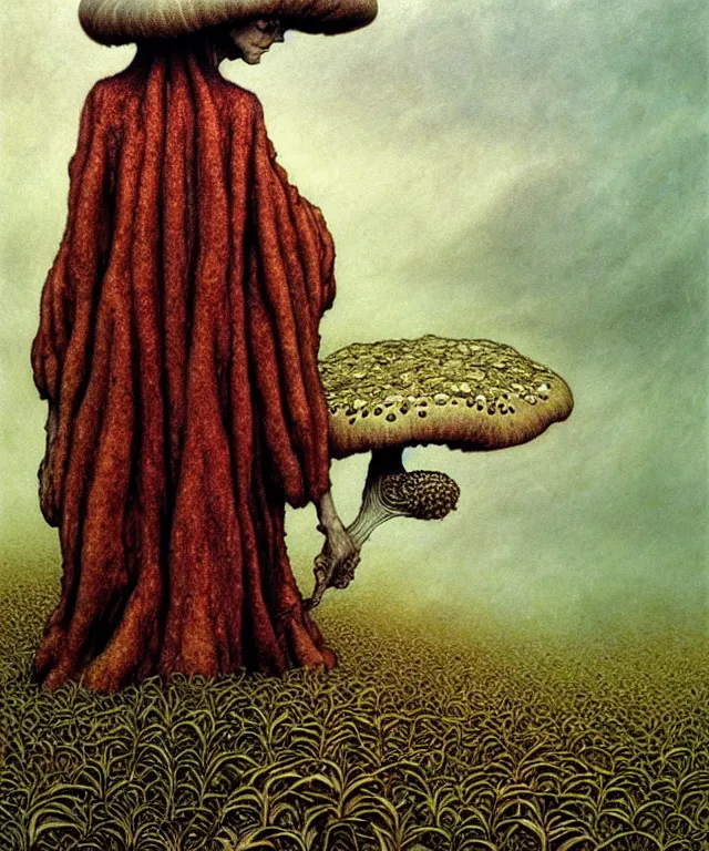 Prompt: A detailed funguswoman stands among the mushroom hills. Wearing a ripped mantle, robe. Perfect faces, extremely high details, realistic, fantasy art, solo, masterpiece, art by Zdzisław Beksiński, Arthur Rackham, Dariusz Zawadzki