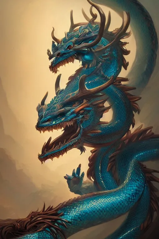 cyan chinese dragon - snake - deer hybrid fantasy, | Stable Diffusion