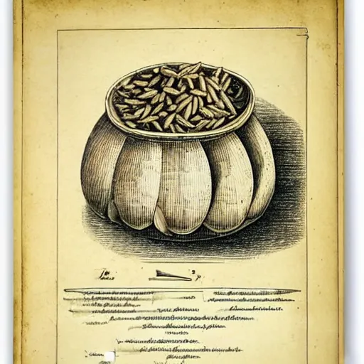 Image similar to anatomical diagram of oryza sativa, next to a bowl of rice, sepia, faded, ink, by maria sibylla merian