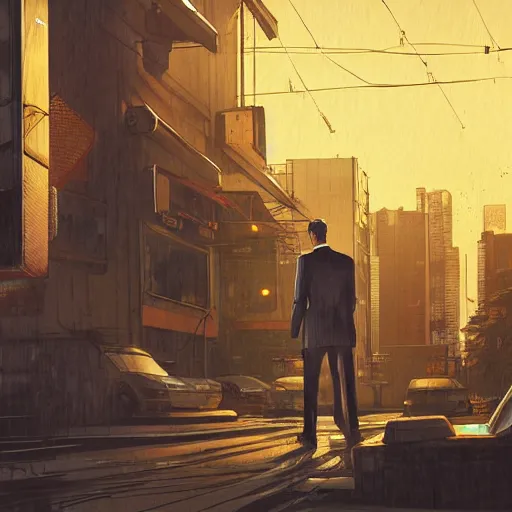 Prompt: portrait of a businessman handing the viewer a briefcase, detailed digital illustration by greg rutkowski, cyberpunk back alley, nighttime