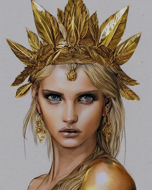 Image similar to tattoo design sketch of hot blonde super model as aphrodite greek goddess wearing a gold laurel wreath and triangle earrings, beautiful piercing gaze with sharp pupils, in the style of greg rutkowski, fantasy, amazing detail, epic, elegant, smooth, sharp focus, front view