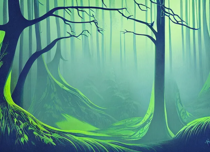 Image similar to an illustration of a monster in a blue and green wispy forest by eyvind earle, concept illustration, detailed