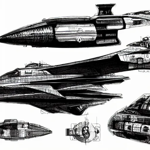 Image similar to sketches of fighting spaceship, full page, technical, detailed