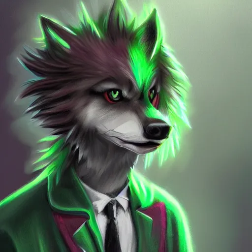 Prompt: Beautiful portrait digital painting, oil painting, anthro anthropomorphic pastel-green androgynous wolf, at a lake anarchist anarcho-punk Punk Punk outfit. furaffinity, artstation