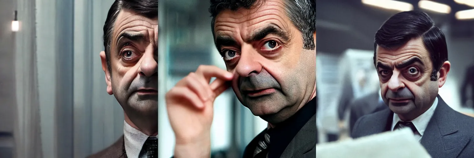 Prompt: close-up of Rowan Atkinson as a detective in a movie directed by Christopher Nolan, movie still frame, promotional image, imax 70 mm footage