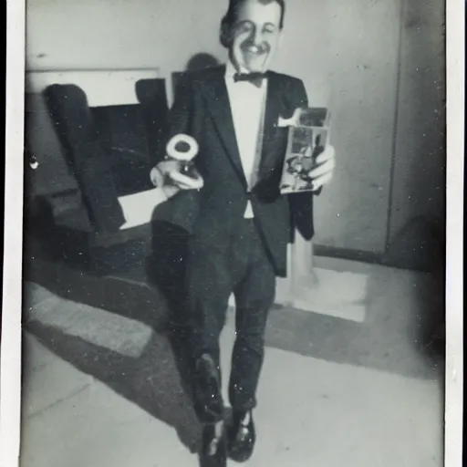 Image similar to a dapper man posing excitedly with a giant pickle Polaroid