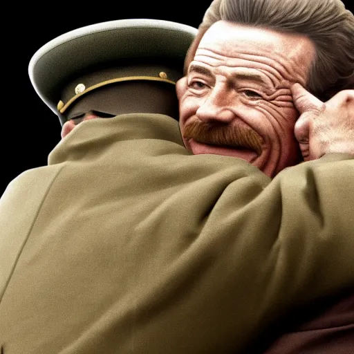 Image similar to Bryan Cranston hugging Stalin, 4k, photorealistic, hd, realistic, insanely detailed