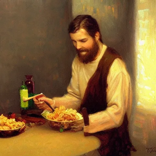 Prompt: Jesus eating mac n’ cheese, painting by Gaston Bussiere, Craig Mullins