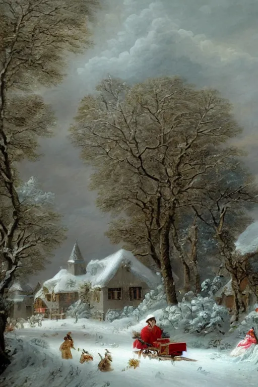 Prompt: A beautiful oil painting of a winter landscape village and sled in the 18th century by Francois Boucher, detailed, beautiful deep colors, trending on artstation