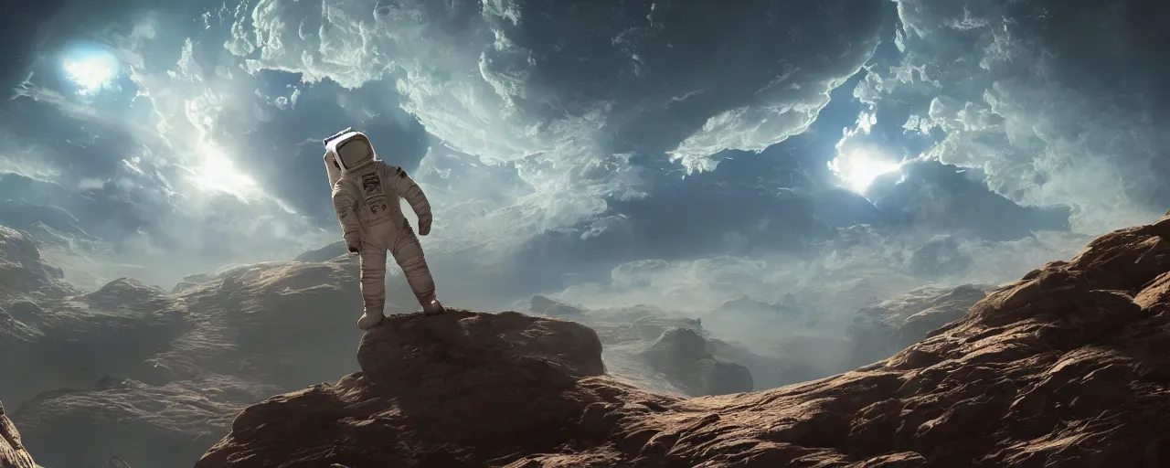 Image similar to one astronaut on the moon, beautiful dynamic lighting, cinematic, wide angle establishing shot, extremely high detail, photo realistic, cinematic lighting, post processed, concept art, artstation, matte painting, style by frederic church, raphael lacoste, unreal engine 8 k