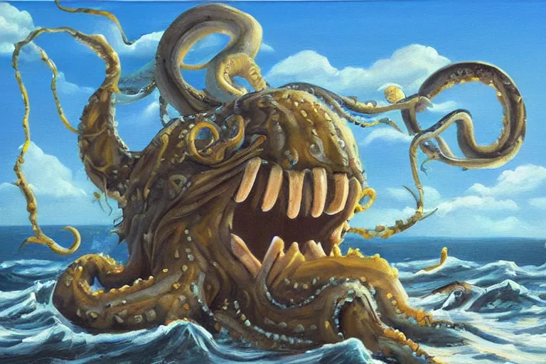 Image similar to a happy sunny oil painting of a kraken devouring the ancient home of the baby seals, bright sunny day with puffy clouds, relaxing