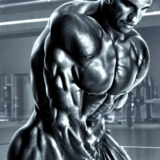 Image similar to a realistic detailed photo of a bodybuilder who is also a male android Chris Redfield, shiny skin, posing robotically, blank stare