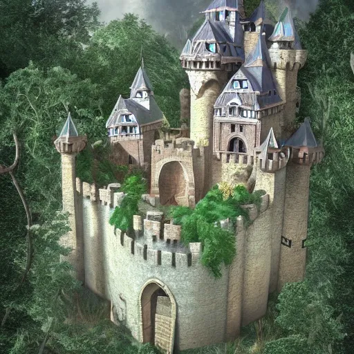 Prompt: mideval fantasy castle in an epic forrest clearing in style of anne geddes,dawn,photorealistic,detailed,trending on artstation