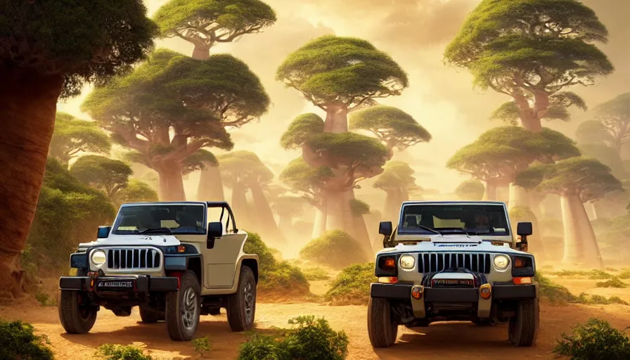 Image similar to mahindra thar driving through madagascar with baobabs trees, animals chasing, action scene, an epic fantasy, artgerm and greg rutkowski and alphonse mucha, an epic fantasy, volumetric light, detailed, establishing shot, an epic fantasy, cinematic, photorealistic, ultrarealistic, trending on art station, octane render, midsommar