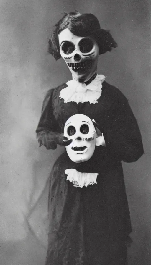 Image similar to a portrait photograph of a victorian wearing a scary vintage halloween mask, 1 9 0 0 s picture