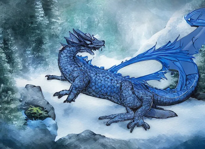 Image similar to a small blue dragon laying in a hot spring, snowy mountain landscape, pine forest, rising steam, fantasy, digital painting, soft details, cozy
