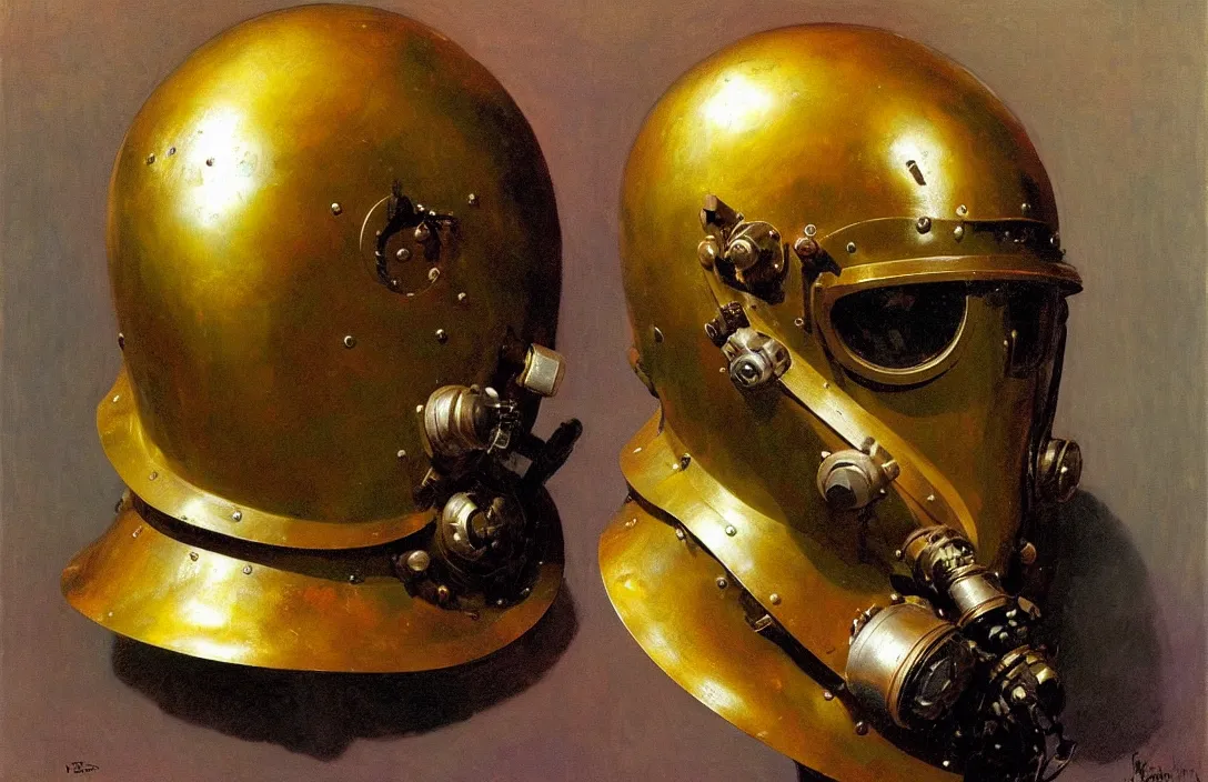 Image similar to portrait of deep sea diver helmet!!!!!!!!!!!!!!!!!!!!!!!!!!!, detailed face, detailed painting, epic lighting, by ilya repin, phil hale and kent williams