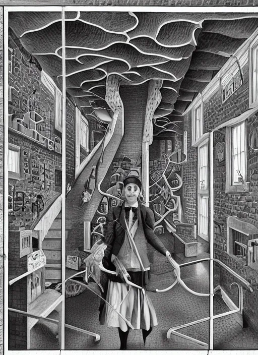 Prompt: a portrait of a school teacher, 🚿🗝📝, 8 k, lowbrow, in the style of mc escher and hr giger,