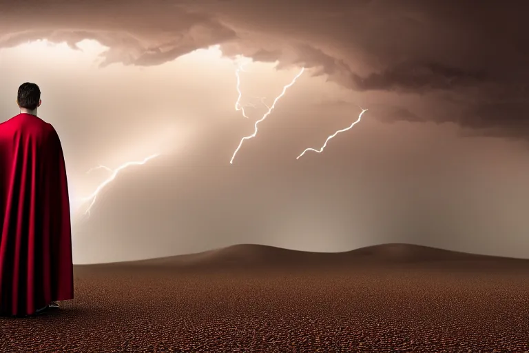 Image similar to guy with a cape being pushed back by the wind on a desert, thunderstorm, side view, wind, 8 k, ultra detailed, award winning, trending on artstationhd, epic, dramatic, cinematic,,