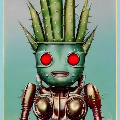 Image similar to 1950s retro cactus robot, with spikes on the head. Bionic Arms and eyes. pop surrealism, muted colours. by Jean-Baptiste Monge, wide shot