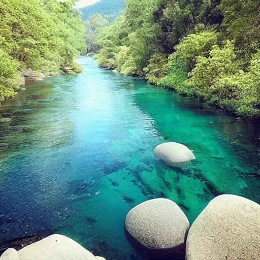 Prompt: “a river with clear water, oval stones, clean, pristine, clarity, realistic”