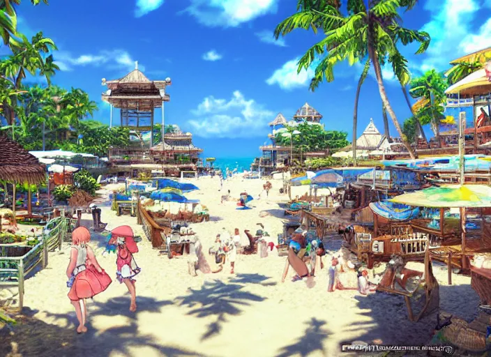 Image similar to Fantasy tropical port town ground view of the beach. hidari, color page, tankoban, 4K, tone mapping, Akihiko Yoshida.