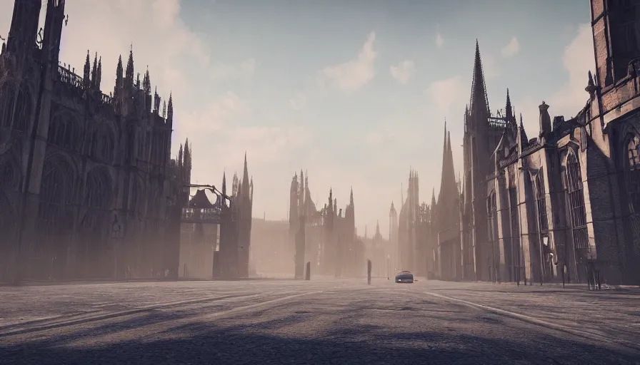 Prompt: empty streets of destroyed neo - gothic london, sunrise, dusty roads, hyperdetailed, artstation, cgsociety, 8 k