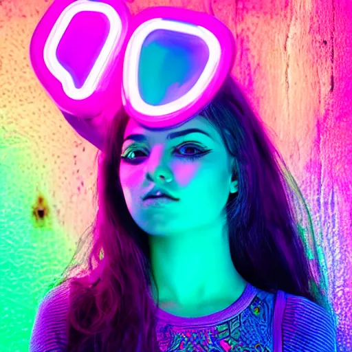 Image similar to a girl glowing with neon colors, high detail of the face, high details, high modernization, high stylization, full body, photo model