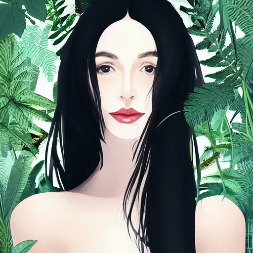 Image similar to pretty woman with pale skin, long black hair in a room full of beautiful plants, abstract, beautiful digital art trending on artstation