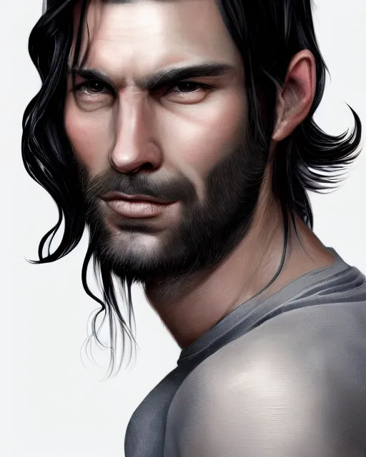 Prompt: portrait of tall, 3 3 - year - old handsome man with long dirty black hair, and ice grey eyes, wearing black clothes, no beard, hyper realistic face, beautiful eyes, character art, art by mark brooks, hyperdetailed, cryengine, trending on artstation, digital art