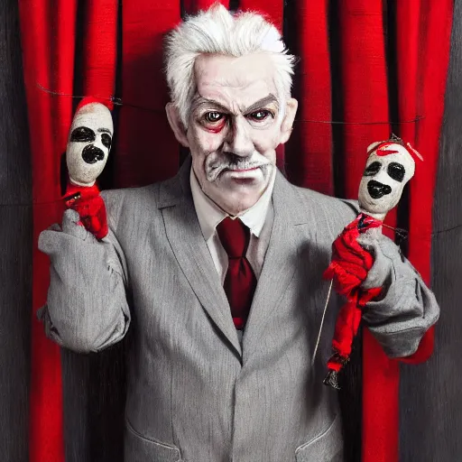 Image similar to portrait of a puppet master holding a hand string puppet marionette on strings, grey hair and a tuxedo, harsh good looking face, middle aged, surrounded by red curtains, drawn by Ruan Jia, disco elysium style, highly detailed