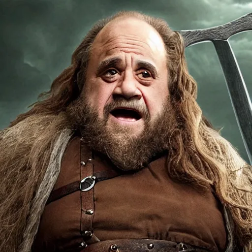 Image similar to movie still of danny devito starring as gimli in the 2 0 2 3 lord of the rings movie, full body, hyper realistic, high quality