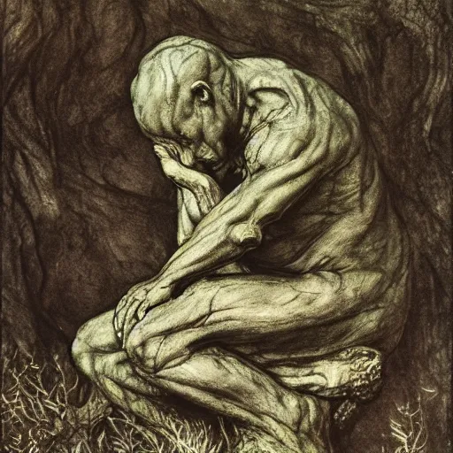 Image similar to toad philosopher toad in a pose The Thinker, swamp, by Auguste Rodin, illustrations by irish fairy tales james stephens arthur rackham, fairy tale illustrations, top cinematic lighting , cinematic mood, very detailed, shot in canon, 8k, high resolution