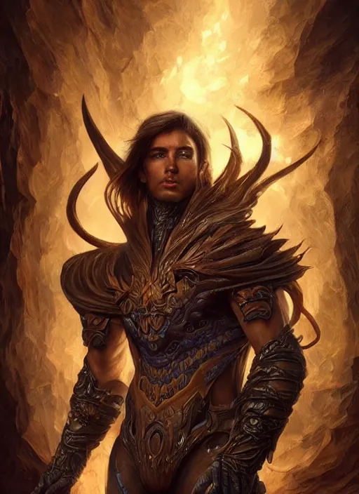 Image similar to a higly detailed airbrush full body shot and face portrait painting of a fantasy male character, pathfinder, dynamic lighting, ambient lighting, deviantart, art by artgerm, karol bak