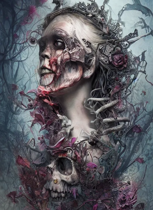 Prompt: Alice in Wonderland,highly detailed,half skull face,cinematic,8k,by Stanley Artgermm,Tom Bagshaw,Greg Rutkowski,Carne Griffiths, Ayami Kojima, Beksinski, Giger,trending on DeviantArt,hyper detailed,horror, full of colour