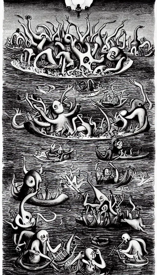 Image similar to man on boat crossing a body of water in hell with creatures in the water, sea of souls, by charles addams