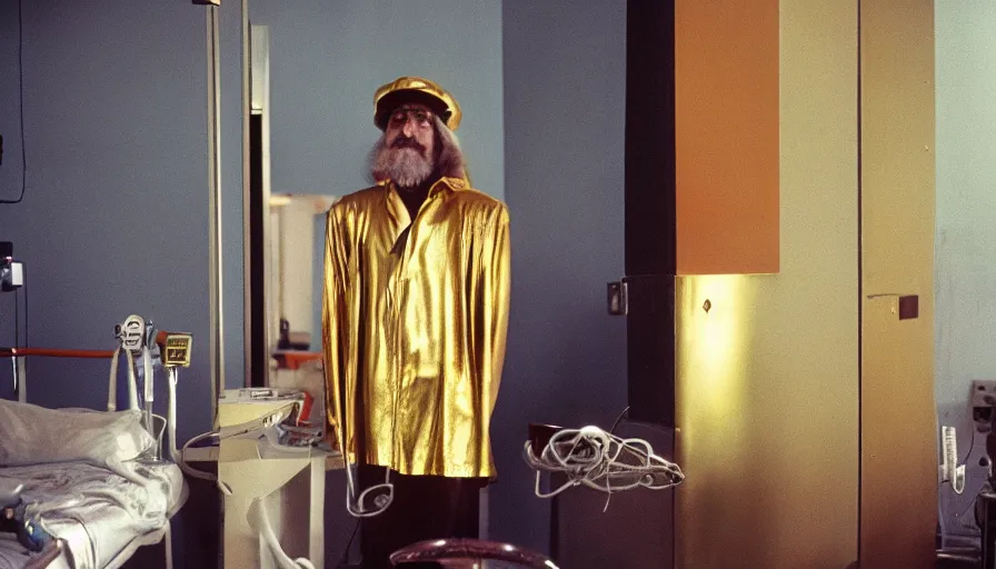 Image similar to 7 0 s movie still of a man made of gold the hospital, cinestill 8 0 0 t 3 5 mm eastmancolor, heavy grain, high quality, high detail