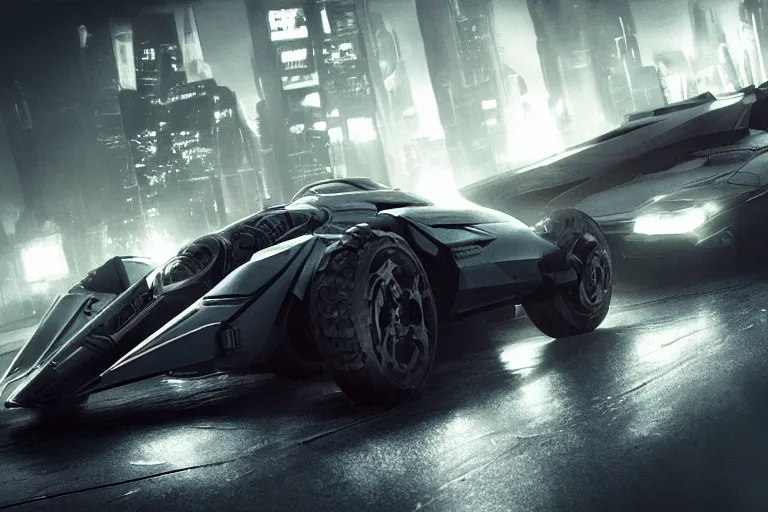 Image similar to a single armored batmobile in the style of bladerunner and alternate car one, car concept, car Design, sid mead, alex ross, intricate Details, concept art, matte painting, highly detailed, rule of thirds, dynamic lighting, cinematic, detailed, denoised, centerd, clean render