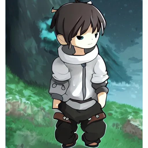 Image similar to little boy wearing sheep suit. white, gray, blue, green and brown pallet color. made in abyss art style, inspired in kris from deltarrune, cute detailed artwork, anatomically perfect