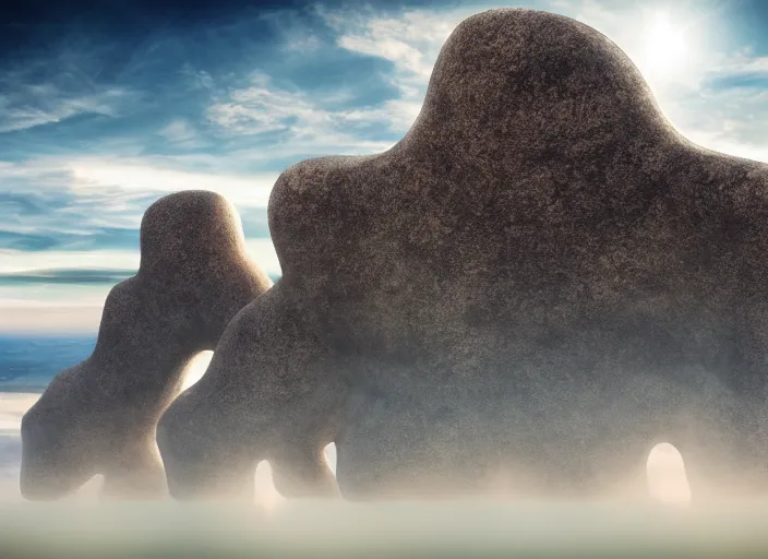 Image similar to giant interdimensional rock creatures enter the distant horizon, a vast landscape, awe inspiring, wide angle, cinematographic photo