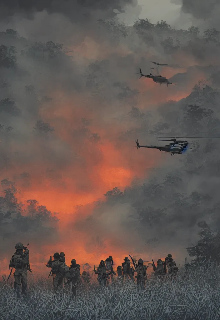 Image similar to handmade illustration of an epic Vietnam war scene with a very few american soldiers walking into the jungle, some smoke and fire, blue sky with dramatic clouds, one helicopter, line art, ballpoint, oil on canvas by Kilian Eng and by Jake Parker, heavy brushstrokes, winning-award masterpiece, fantastic, octane render, 8K HD Resolution, High quality image