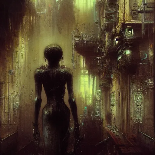 Image similar to a young woman in a cyberpunk noir city by gustave dore and gustave moreau and beksinski and giger and craig mullins and jeremy mann