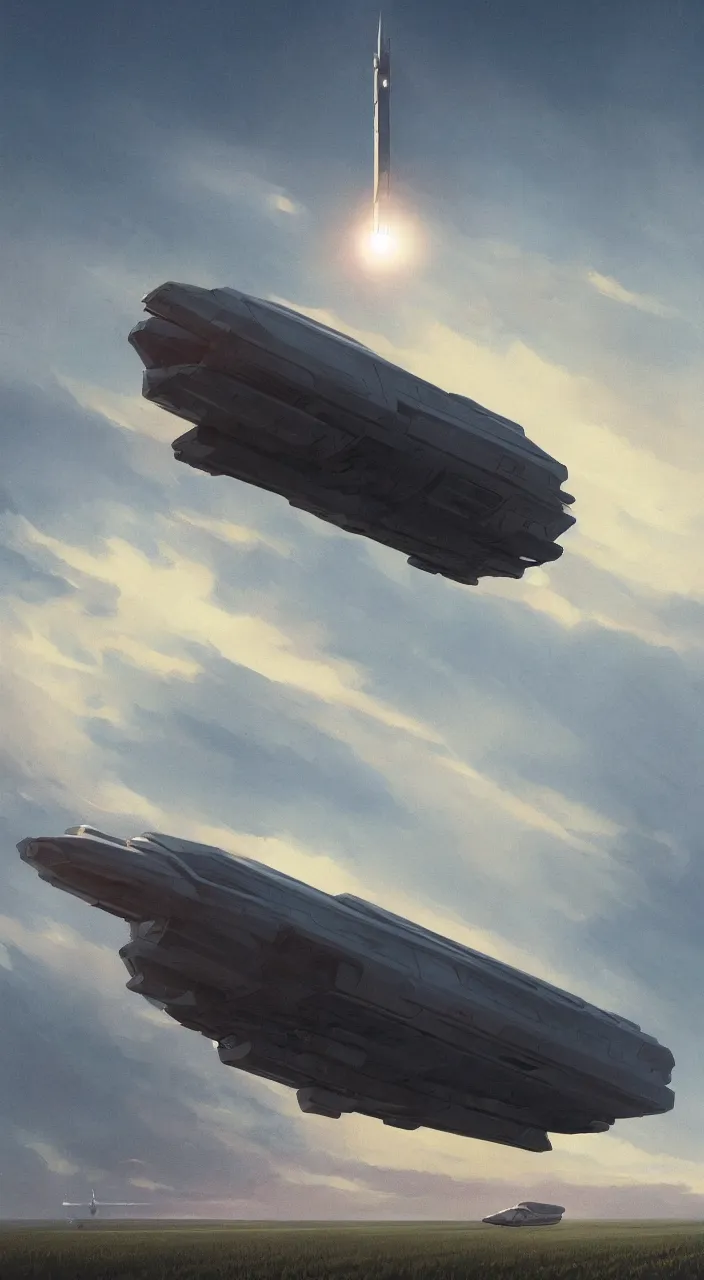 Image similar to wide shot of a tall and thin monolithic spaceship hovering in the air 6 feet above a cornfield, late afternoon, golden hour, highly detailed, smooth, sharp focus, concept art by greg rutkowski and stanley lau and syd mead