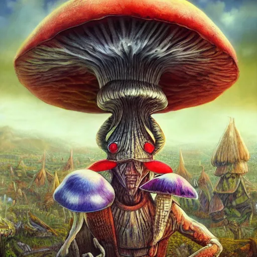 Image similar to 4 k headshot portrait of a psychedelic demonic anthropomorphic insect knight with mushroom themed clothes, magic mushroom village in background by jeff easley, award winning, stylized neon, post - processing, masterpiece, superb resolution. in the art style of junji ito and greg rutkowski. detailed mushroom city in background. hyper realistic anime. perfect art. dalle 2