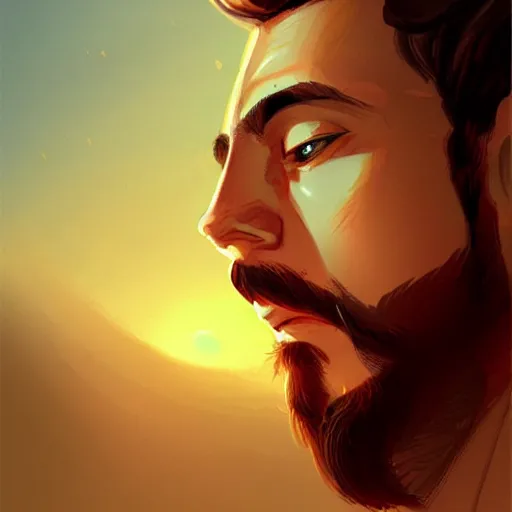 Image similar to young man with a light beard, beautiful sunset, high definition, concept art, digital painting, art by Bowater and Charlie