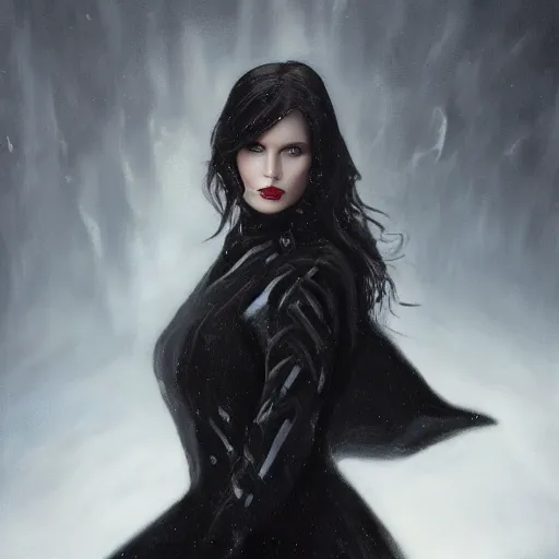 Image similar to furious dark haired women, portrait by tyler jacobson, steve argyle, wearing black coat, black makeup, ice mage, shooting ice, oil painting,, fantasy artwork, fantastic artwork, 4 k, trending on artstation