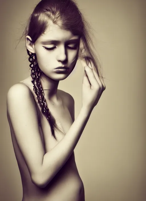 Prompt: emotiona fashion portrait photography of a young fragile and beautifull girl by julia hetta