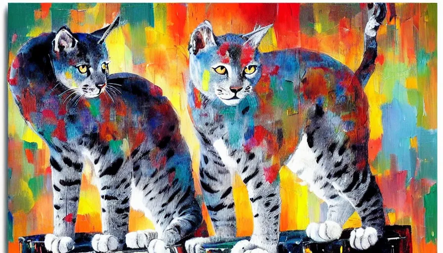 Image similar to contemporary semi abstract acrylic painting of really tall cats by cath kidson, by greg rutkowski, kessler art, thick brush strokes and visible paint layers, multicolor color scheme