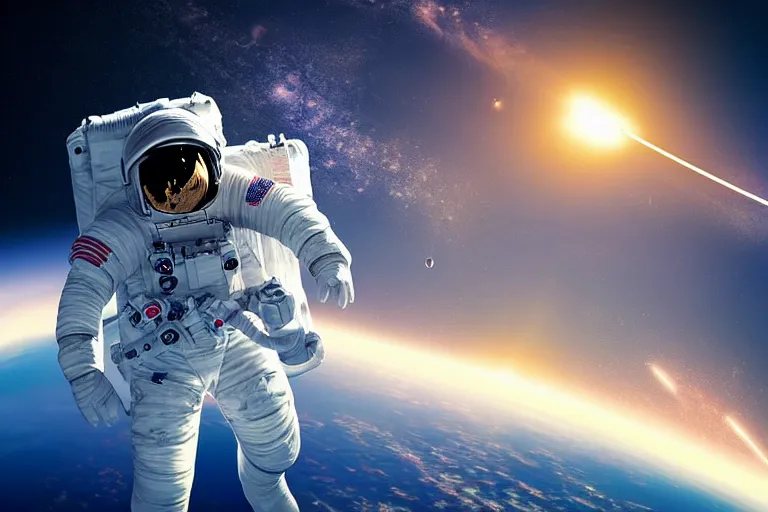 Image similar to astronaut in space wearing a spacesuit floating, meteor hitting earth in background, highly detailed, photorealistic portrait, bright studio setting, studio lighting, crisp quality and light reflections, unreal engine 5 quality render