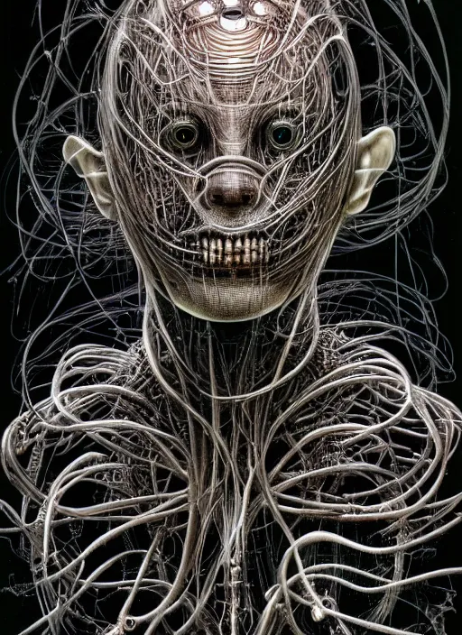 Image similar to portrait of neural nightmares by yoshitaka amano and HR Giger, detailed face face face face, facial structure, hd, 8k, very very very very electronic, biomechanical, biology, bio, neural machine, single subject, terror